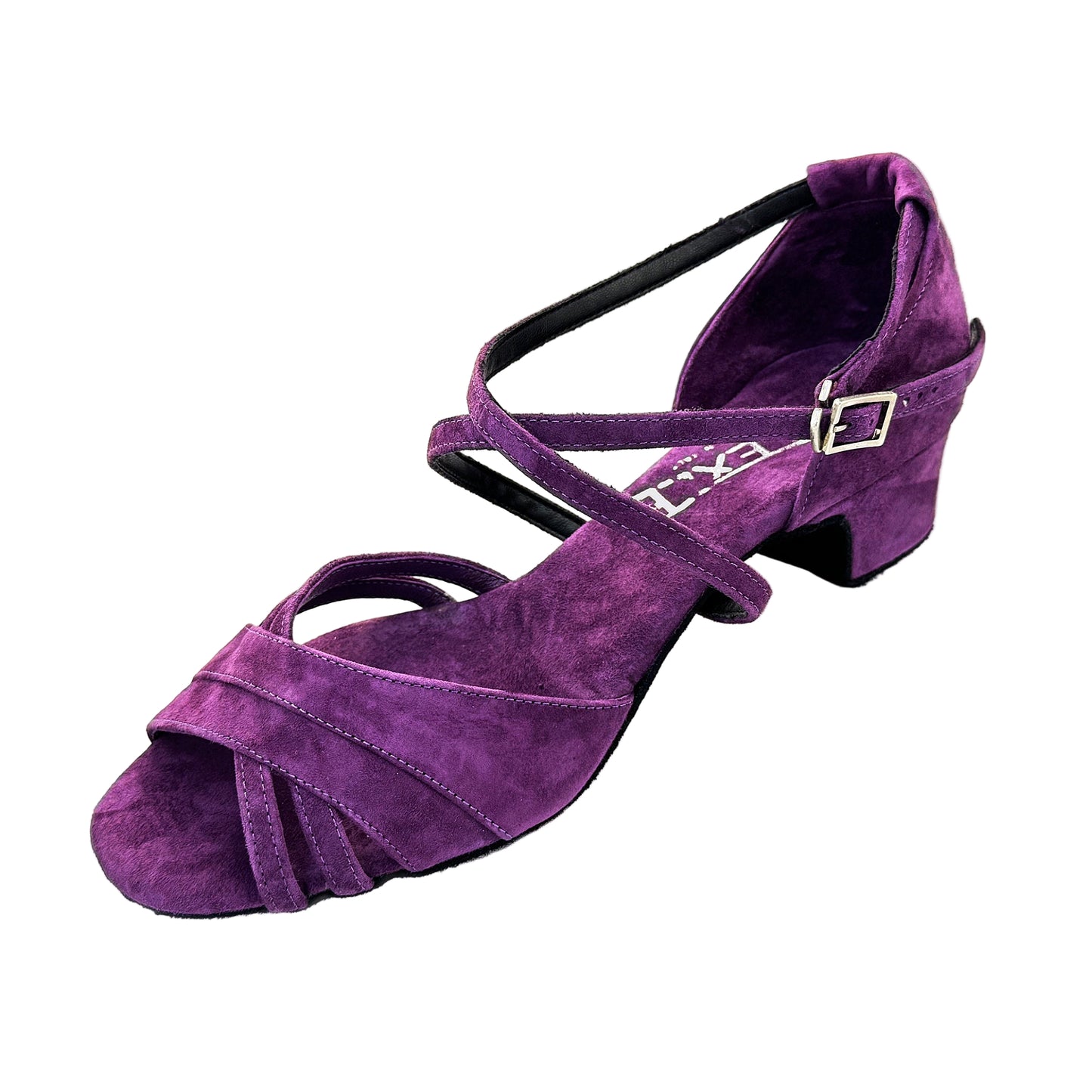 Purple dance shoe with a buckle on a white background
