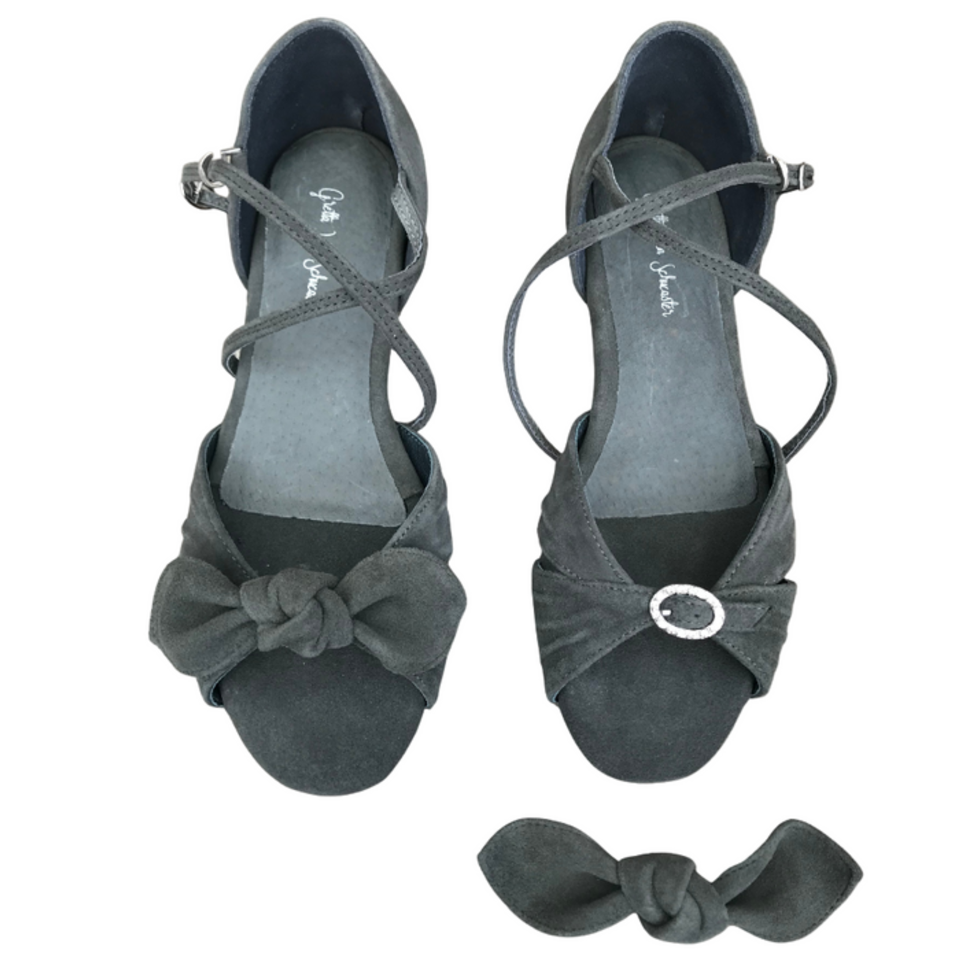 Pair of gray high-heeled shoes with bow details on a white background