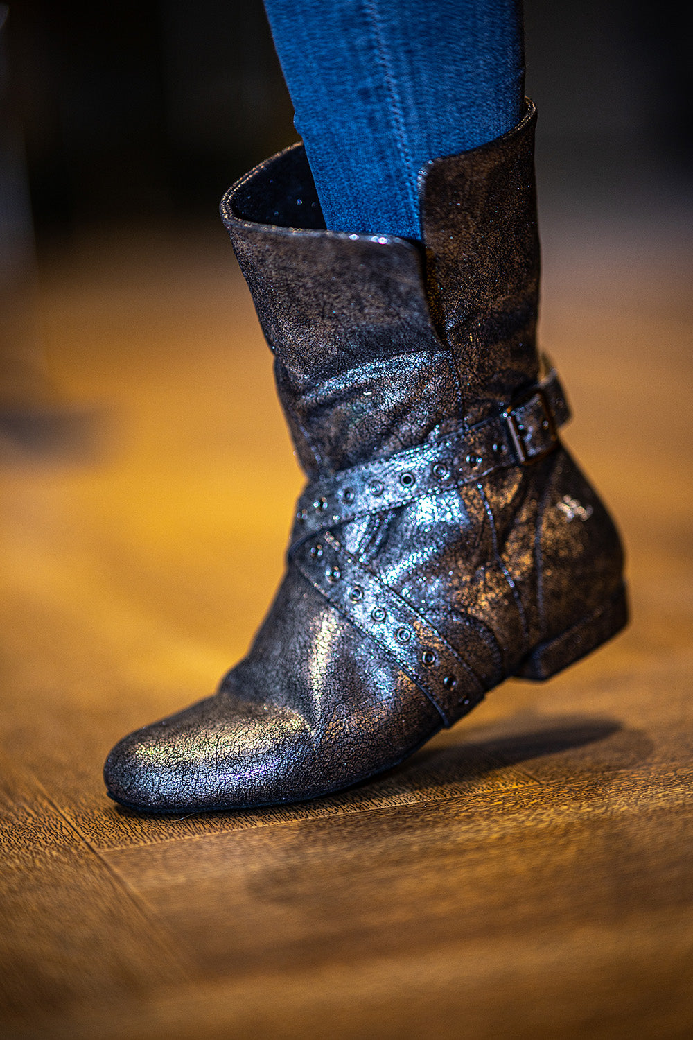 Tinker Bell Dance Boot - Silver on Black Micro Suede
