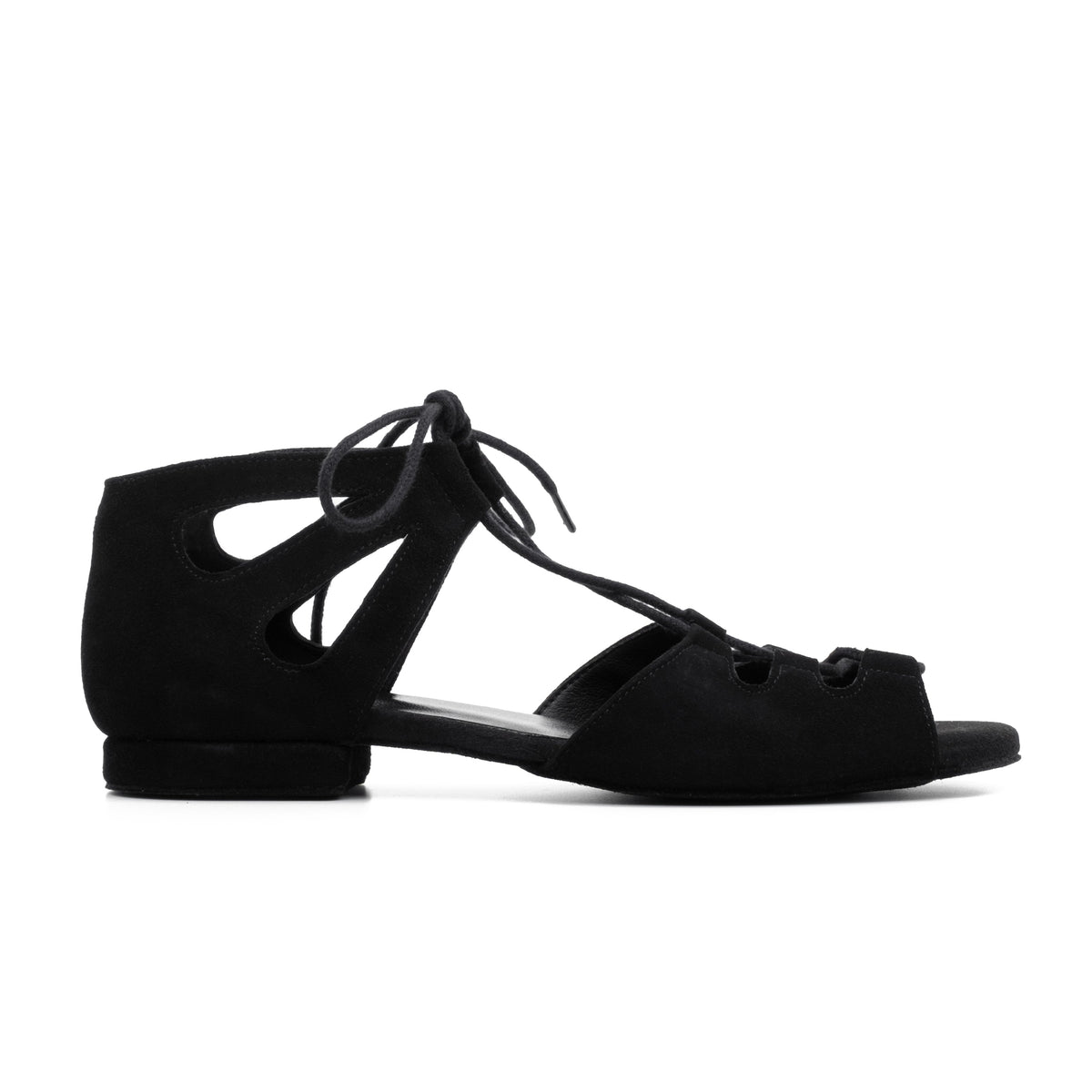 Black dance sandal with cut-out design on a white background