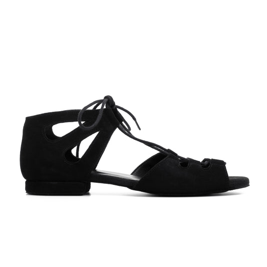 Black dance sandal with cut-out design on a white background